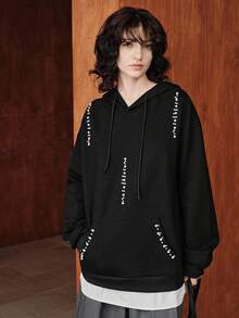 Uhlyne Uhlyne Women's Autumn Long Sleeve Hooded Black Knit Sweatshirt With Faux Pearl Decor, Elegant Versatile For Commuting, Back To School, Retro Casual Autumn - Black - View 7