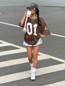 Muchica 休闲运动拼色宽松短袖数码印花落肩T恤 - 棕色 - 查看 4