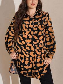 SHEIN LUNE 大码女式豹纹长袖单排扣休闲上衣 猎豹纹女式豹纹秋冬动物纹猎豹纹衬衫 - 棕色 - 查看 4
