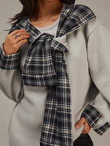 Athîral Sweatshirt Wanita Kasual Model Bahu Jatuh Ukuran Besar Warna Abu-abu dengan Desain Syal Kotak-kotak, Atasan Abu-abu, Musim Dingin, Nyaman dan Lembut - MultiWarna - View 4