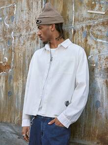 AXEPEAK Men's Solid Color Drop Shoulder Long Sleeve Button Front Casual Shirt, Summer - White - View 4