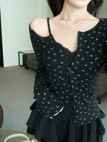 DAZY 女士圆领两件套，印花吊带背心和休闲长袖开衫，秋冬款 - 黑色 - 查看 4