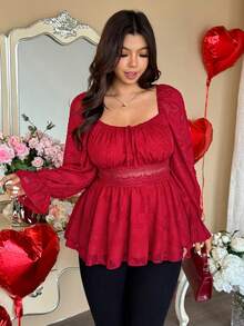 Vionelle Áo cánh dự tiệc tay dài cổ vuông Jacquard cỡ lớn màu sắc trang nhã và dễ thương dành cho nữ - Đỏ - Xem 5