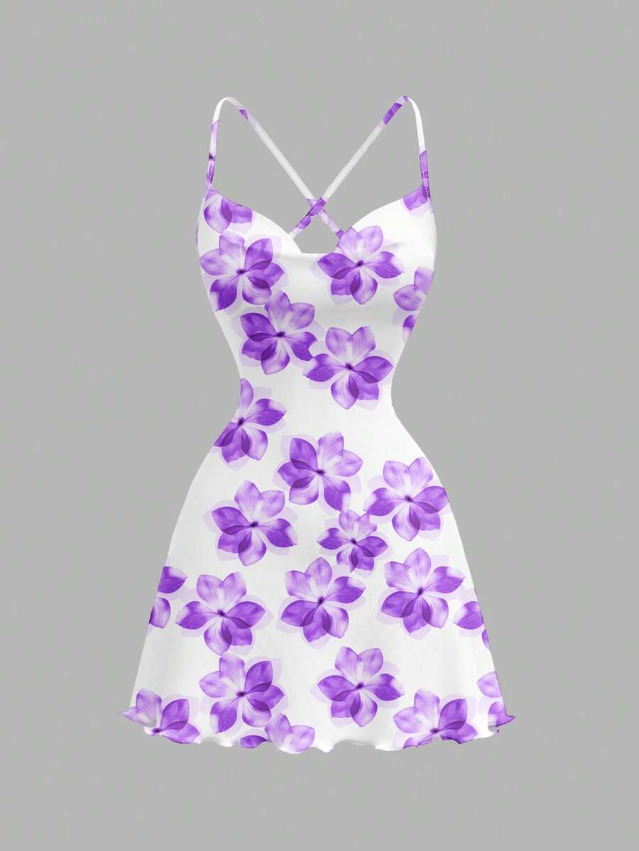 SHEIN MOD Váy ngắn cổ khoét sâu in họa tiết dành cho nữ - Nhiều màu - Xem 1