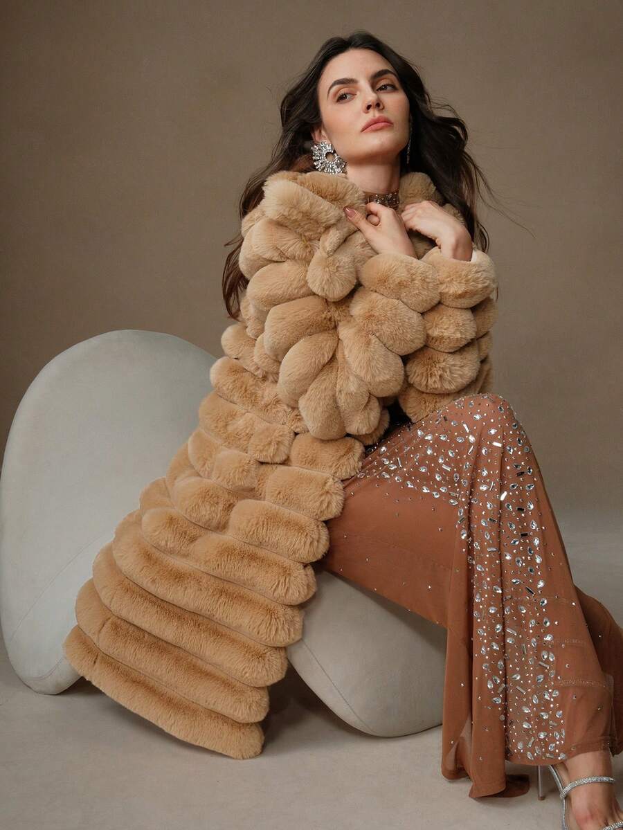 Anewsta 新款秋冬蓬松长款大衣，女士时尚皮草外套 - 駝色 - 查看 1