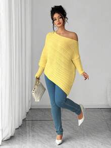 Elenzga Plus Size Asymmetrical Gigot Sleeve Loose Knit Sweater, Solid Color, Shoulder Exposed, Winter - Light Yellow - View 3