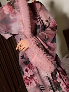 SHEIN Damen Pyjama Set, Blume Muster Patchwork Volant Saum Morgenmantel, Kapuzen Trägerhemd, Hose mit Volant Saum