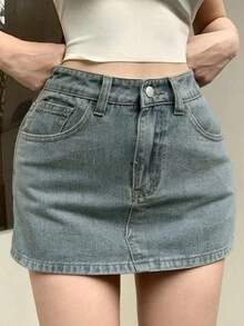 Joudiya Quần váy denim nữ có túi phía trước, kiểu dáng thường ngày, đa năng, thích hợp mặc nhà. Quần áo nữ mùa hè, quần áo nữ cỡ lớn, quần short nữ, quần dài nữ, quần short denim, quần jean ngắn. - Rửa trung bình - Xem 3