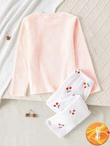 Genkimix Kids 4pcs/2sets Tween Girl Fashionable Pink Solid Plush Thick & Soft Material + Cherry Print Loose Casual Pants Set, Comfortable & Soft, Suitable For Autumn/Winter - Multicolor - View 2