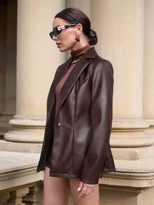 Lavishia Áo khoác blazer nữ thời trang đường phố co giãn PU màu nâu Mocha - Nhiều màu - Xem 3