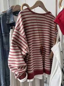SHEIN 女士条纹印花爱心刺绣圆领长袖套头卫衣 - 彩色 - 查看 2