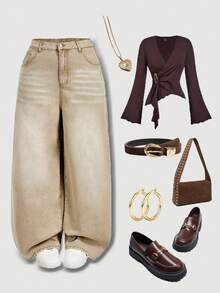 SHEIN MOD Plus Size Casual Washed Vintage Wide Leg Jeans Winter Jeans For New Year Christmas Jeans Thanksgiving For Women Graduation Jeans Holiday For Women Brown Pants Plus Size Relaxed Fit High Waist Jeans For Women Comfortable Loose Straight Leg Denim Pants - White - View 1