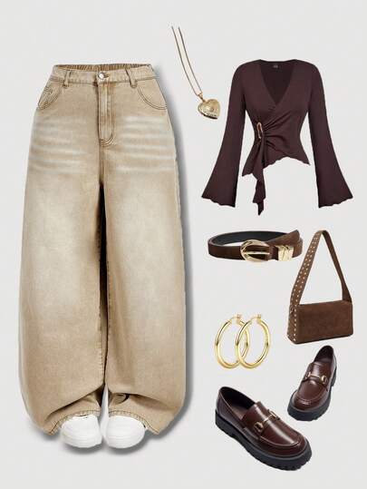 SHEIN MOD Plus Size Casual Washed Vintage Wide Leg Jeans Winter Jeans For New Year Christmas Jeans Thanksgiving For Women Graduation Jeans Holiday For Women Brown Pants Plus Size Relaxed Fit High Waist Jeans For Women Comfortable Loose Straight Leg Denim Pants