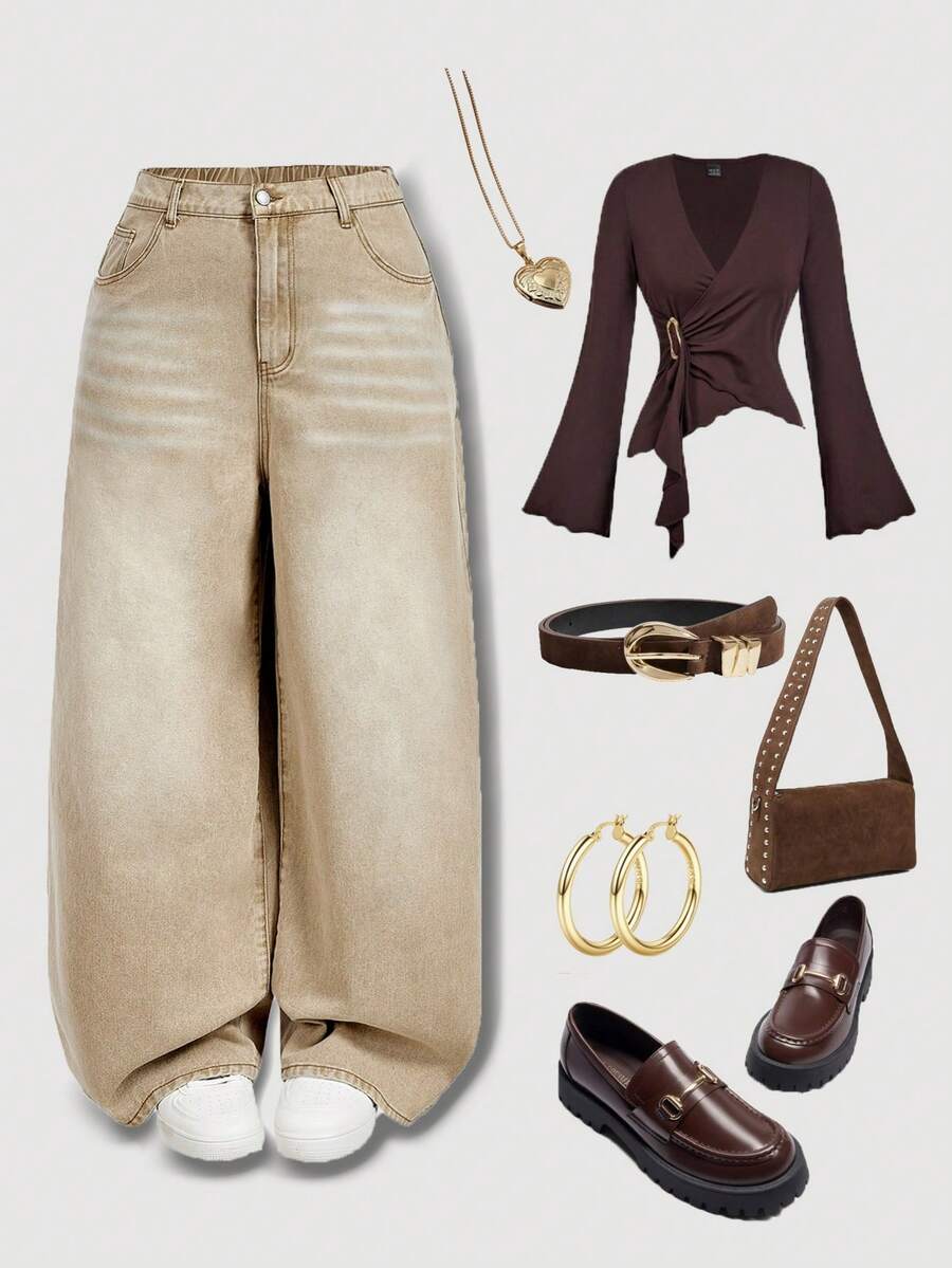 SHEIN MOD Plus Size Casual Washed Vintage Wide Leg Jeans Winter Jeans For New Year Christmas Jeans Thanksgiving For Women Graduation Jeans Holiday For Women Brown Pants Plus Size Relaxed Fit High Waist Jeans For Women Comfortable Loose Straight Leg Denim Pants - White - View 1