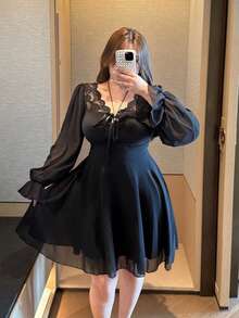 Vibekara Spring, Summer, Fall, Elegant, Vacation French Retro Chiffon & Lace Bow Tie Decor Soft Waist Slimming Halter Ruffle Hem Long Sleeve Dress Women Short Skirt Flared - Black - View 6