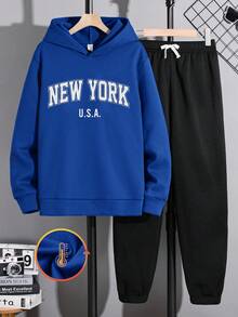 SHEIN 2pcs/Set Teenage Boys Casual Letter Slogan Print Hoodie Sweatshirt And Drawstring Sweatpants Set, Solid Color Basic Versatile, Suitable For Christmas, Home, Commute, School, Daily Casual, Vacation, Outdoor, Party, Autumn/Winter Boys Sweatsuits Set 2 Piece Teen Boys Hoodie And Sweatpants Boy Casual Sets Boy Teen 2pc Sets Sweater