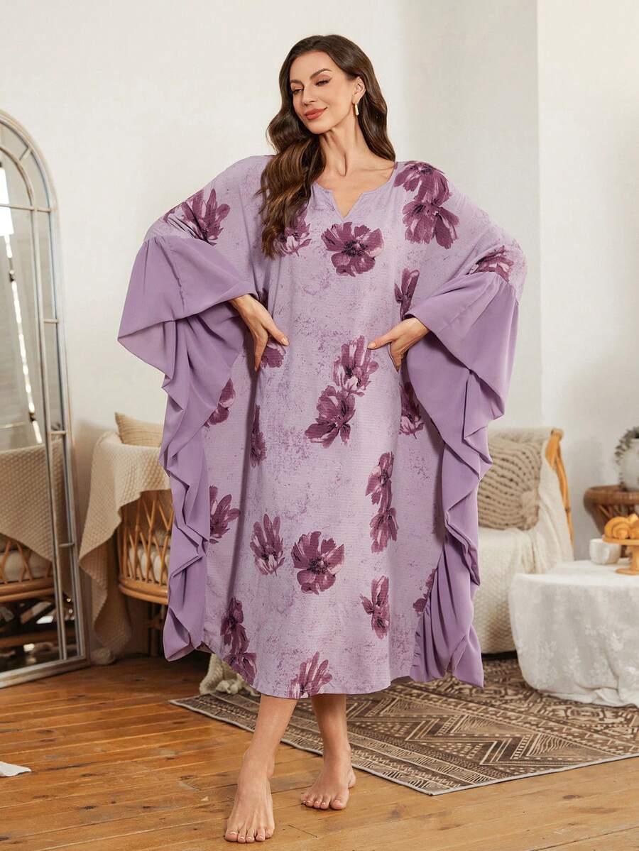 Serenescape Oversized Floral Patchwork Chiffon Casual Loungewear Nightgown For Women, Floral Night Gown Women Sleep Dress Purple Night Gown, Winter - Multicolor - View 1