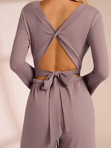 Glamine Mono informal de mujer de unicolor con cuello en V y cordón - Púrpura polvoriento - Ver 7