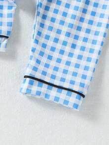 Baby Boys Pajamas-2 Piece Pajama Set Gingham Pajama Set Blue Check Long Sleeve Long Pants Button Front Piped Collar Chest Pocket Cute Animal Patch Soft Breathable Skin Friendly Four Seasons Sleepwear Loungewear Holiday 2026 New Year Essential - Blue - View 7