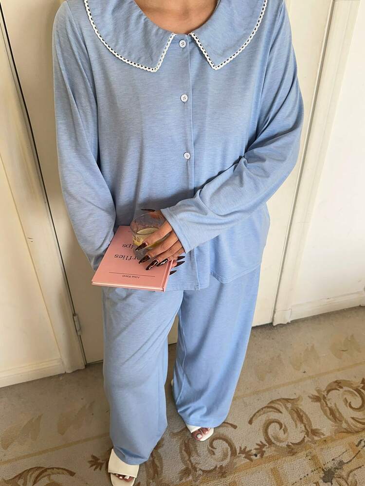 Dazy Plus Plus Size Women Casual Solid Color Peter Pan Collar Loose Top And Straight Leg Pants Pajama Set, Spring/Autumn