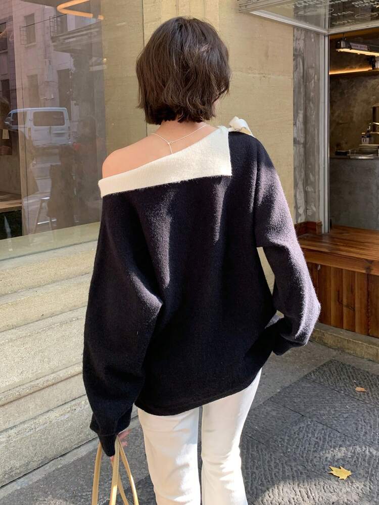 Women's Colorblock Bow Knitted Sweater, Elegant For Autumn/Winter