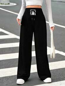SHEIN EZwear 女士针织高腰黑色运动裤，带字母贴片设计 - 黑色 - 查看 3