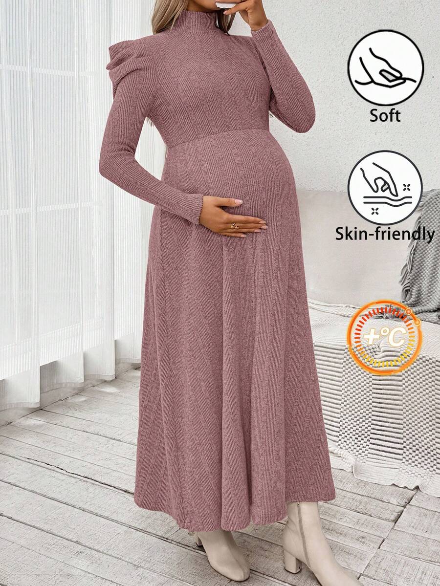 SHEIN Váy bầu tay phồng cổ lọ màu trơn thường ngày - Bụi hồng - Xem 1