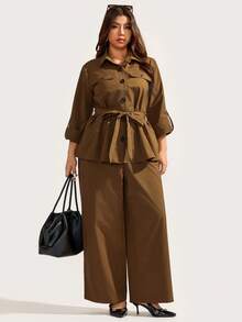 Elaquor Conjunto de 2 piezas de camisa y pantalones de talla grande de unicolor, con botones delanteros, de estilo casual y versátil - Marrón - Ver 7
