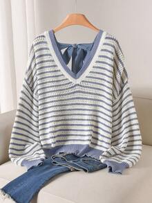 CosyJoli 大码女式V领蝴蝶结露背休闲宽松针织毛衣