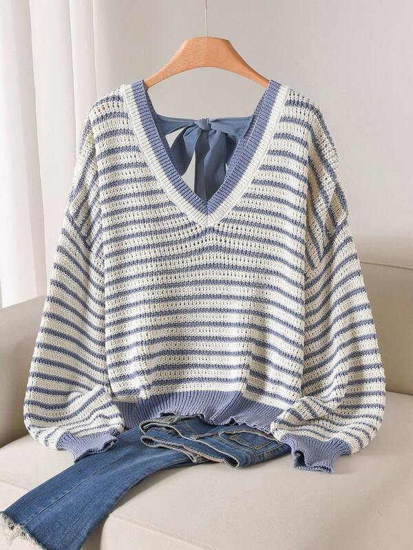 CosyJoli Suéter holgado de punto con cuello en V, lazo y espalda descubierta para mujer de talla grande