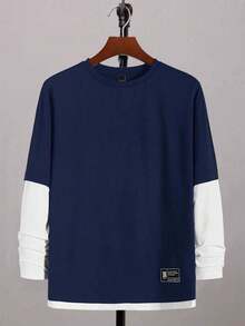 SHEIN Teen Boys' Colorblock 2 In 1 T-Shirt, Casual, Comfortable, Fashionable, Versatile, Soft Fabric, Suitable For Daily Wear, School, Travel, Outdoor Activities, Back To School, Autumn/Winter Blue Teen Shirts Long Sleeve Tops Boys Royal Blue And White Shirt Long Sleeve Shirts - Navy Blue - View 1