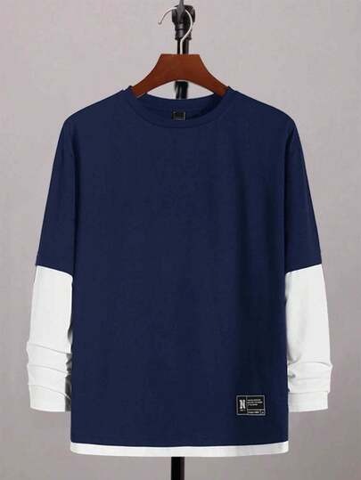 SHEIN Teen Boys' Colorblock 2 In 1 T-Shirt, Casual, Comfortable, Fashionable, Versatile, Soft Fabric, Suitable For Daily Wear, School, Travel, Outdoor Activities, Back To School, Autumn/Winter Blue Teen Shirts Long Sleeve Tops Boys Royal Blue And White Shirt Long Sleeve Shirts