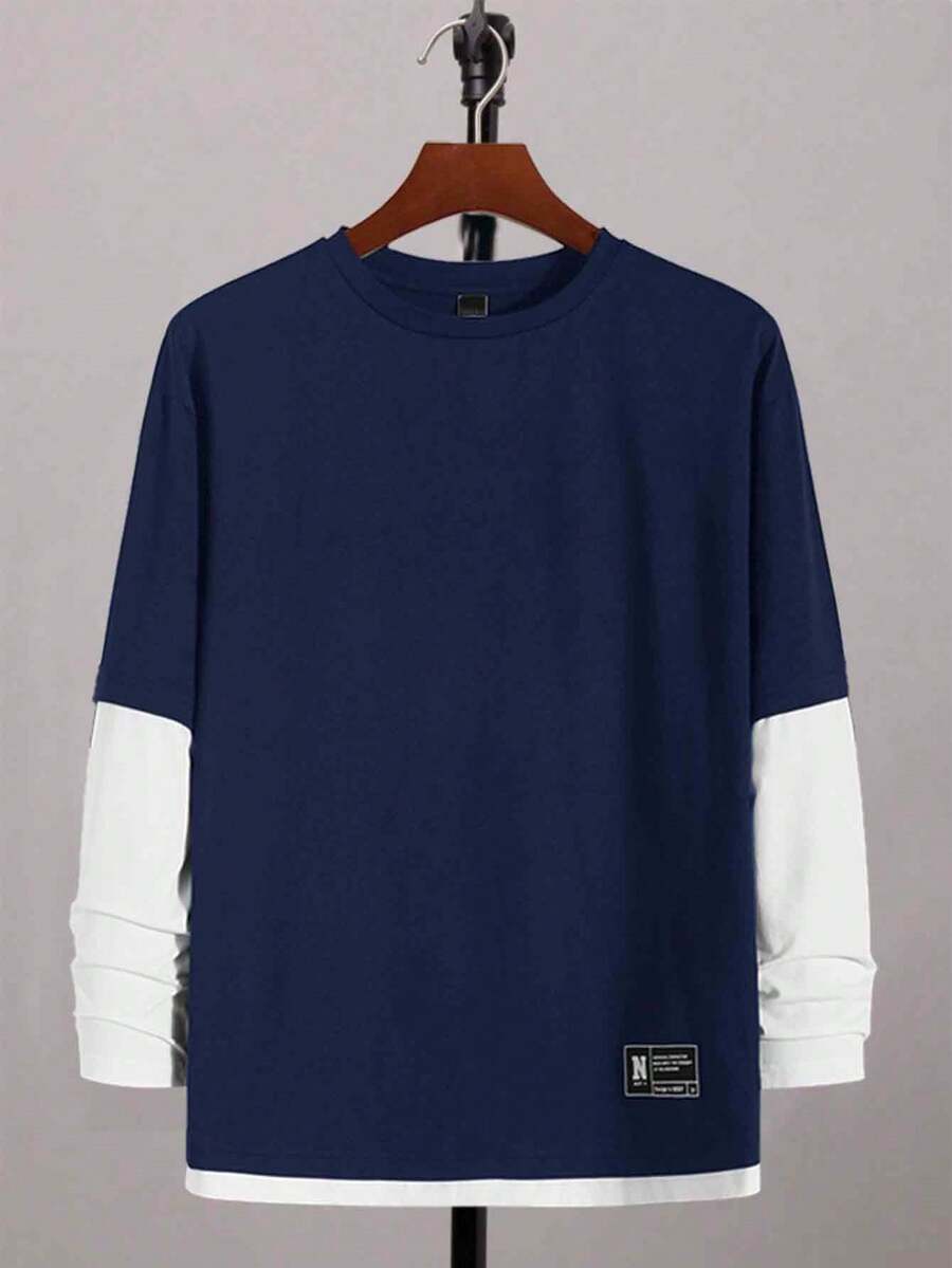 SHEIN Teen Boys' Colorblock 2 In 1 T-Shirt, Casual, Comfortable, Fashionable, Versatile, Soft Fabric, Suitable For Daily Wear, School, Travel, Outdoor Activities, Back To School, Autumn/Winter Blue Teen Shirts Long Sleeve Tops Boys Royal Blue And White Shirt Long Sleeve Shirts - Navy Blue - View 1