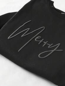 SHEIN LUNE Áo nỉ in chữ "Merry Christmas" dập nổi, màu trơn, cổ tròn, tay dài, thích hợp cho lễ tốt nghiệp, tựu trường, giáo viên, quà tặng gia đình mùa thu/đông, áo nỉ dễ thương cho mẹ, áo nỉ thoải mái cho mẹ - màu đen - Xem 5