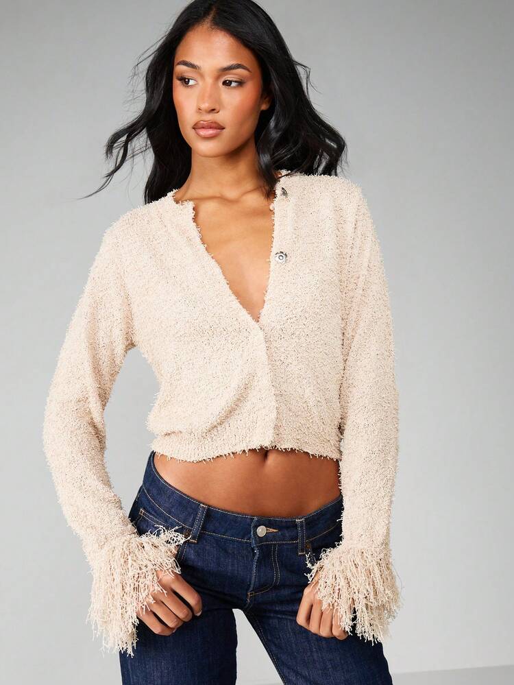 MISSGUIDED Fuzzy Teddy Cropped Cardigan Long Sleeve Button Front Frayed Hem Fall Winter Sweater