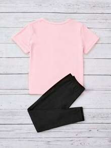 SHEIN Young Girls Casual Fashionable Creative Cartoon Cute Headphone Girl Painting Figure Print Casual Basic Short Sleeve T-Shirt And Leggings Set, Suitable For Daily Casual Wear, Party, Sophisticated Girl Outfit, Tops - Multicolor - View 2