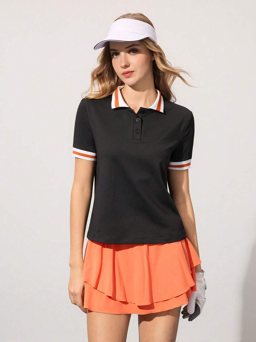 CourtClass Polo de golf décontracté à manches courtes avec col color block et demi-zip pour femmes, hauts de golf d'été pour femmes - Noir - Voir 1