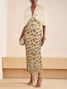 Zivah 2025秋季新款连衣裙，适合生日派对、聚会、宴会、返校季、学院风、学生装、日常出行、百搭基础款、休闲、邮轮旅行、潮流、街头风、优雅、通勤、商务休闲等场合。深V领七分袖，亮片面料，褶皱下摆饰有亮片拼接，有内衬，黑色亮片面料，秋季长裙，女士连衣裙 - 金色 - 查看 3