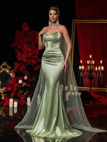 Glamrae 优雅奢华亮片刺绣贴花吊带美人鱼尾连衣裙，配有可移动亮片和拖尾，适合婚礼、活动、单身派对、度假、盛大晚宴、毕业典礼、正式场合（装饰繁复） - 綠色 - 查看 7