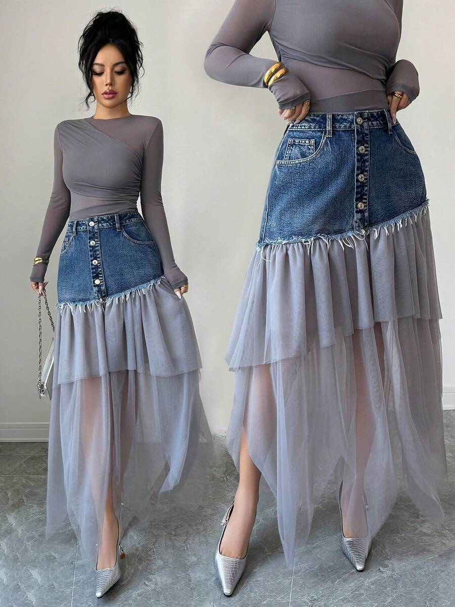 Elenzga Women's Denim Patchwork Mesh A-Line Skirt, Fashionable And Slimming - Dark Wash - View 1