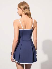 CourtClass Women's Contrast Trim Slim Fit Sleeveless Summer Sports Dress - Blue and White - View 2