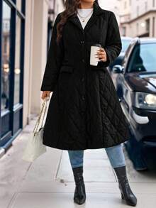 EMERY ROSE Plus Size Black Elegant Collar Waist Cinched Midi Length Flared Quilted Padded Coat - Black - View 4