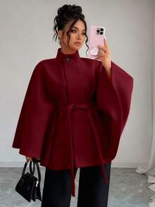 SHEIN Elenzya 优雅大码女士针织羊毛大衣，适合秋冬季穿着 - 紅色 - 查看 1