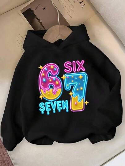 Sparklyn Tween Girl Casual Fashionable Creative Refreshing High-End Colorful Numeric 67 Candy Bead Letter Graphic Cozy Pullover Hooded Sweatshirt, Comfortable For Autumn/Winter