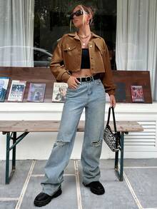 SHEIN EZwear Drop Shoulder Flap Detail Crop Corduroy Jacket In Fall/Winter