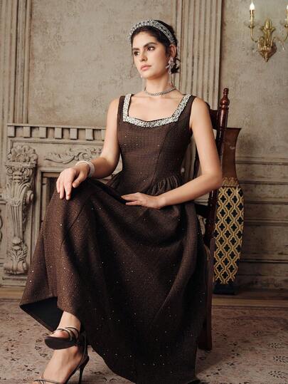 Anewsta Zwarte Franse elegante vierkante hals lange mouwen uitlopende midi-jurk voor dames, vroege herfst