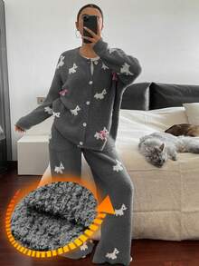DAZY 2pcs Women Puppy Pattern Loose Knit Cardigan Long Sleeve And Pants Pajama Set, Autumn/Winter - Grey - View 1