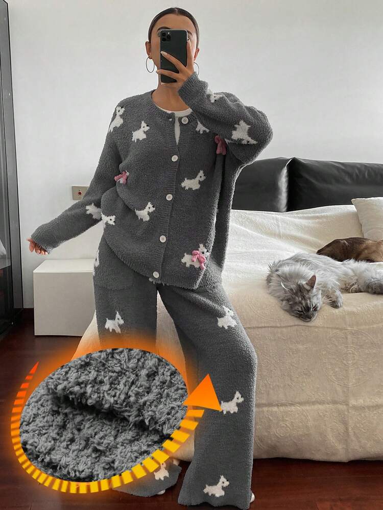 2pcs Women Puppy Pattern Loose Knit Cardigan Long Sleeve And Pants Pajama Set, Autumn/Winter