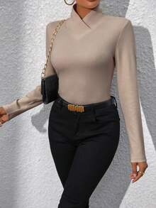 SHEIN LUNE 女士纯色简约高领长袖T恤，日常穿着 - 卡其色 - 查看 4