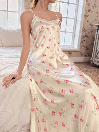 SHEIN Camisón largo de satén con parches de encaje y estampado floral romántico para mujer